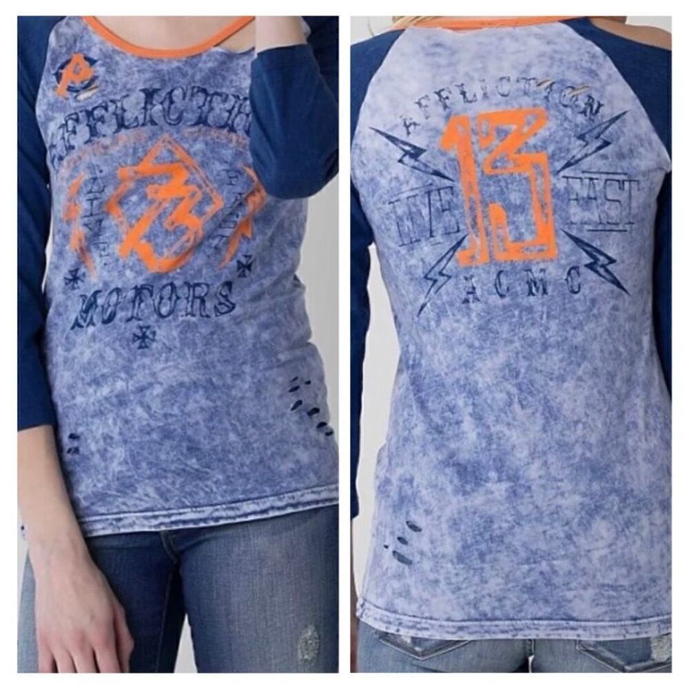 NWT Affliction Women’s Live Fast Distressed Baseball Shirt Size Small New